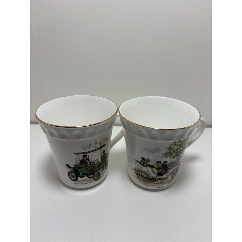 Pair Staffordshire Tea Cups Antique Benz 1898 Daimler 1886 Fine Bone China